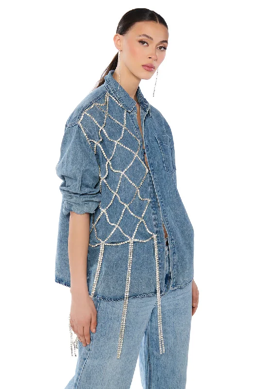 BLING RING RHINESTONE FRINGE BUTTON DOWN DENIM SHIRT