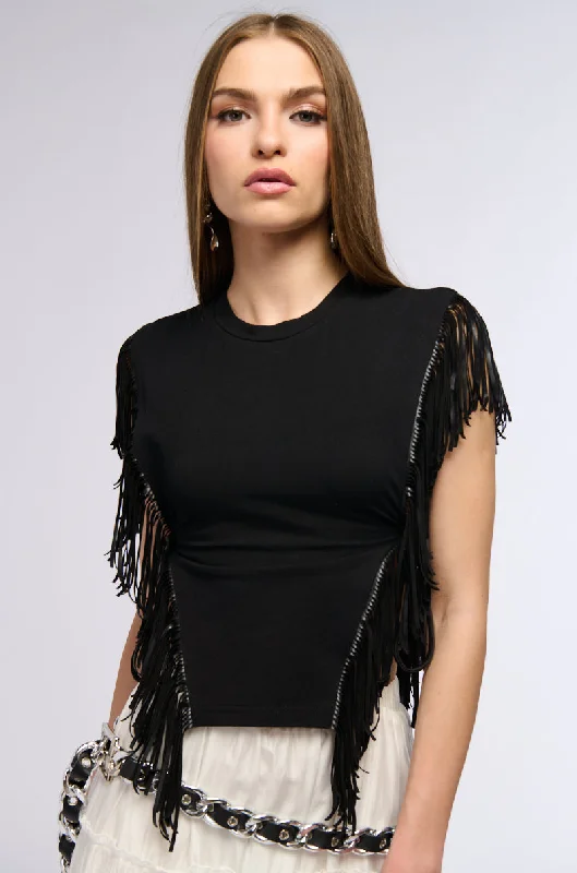 GRUNGE GIRL FAUX LEATHER FRINGE TSHIRT