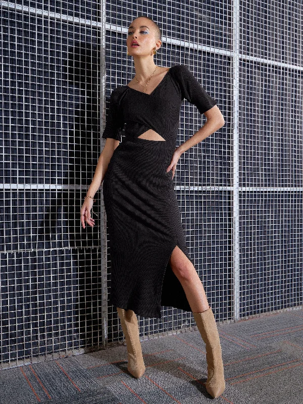 Women Black Side Slit V-Neck Rib Maxi Dress