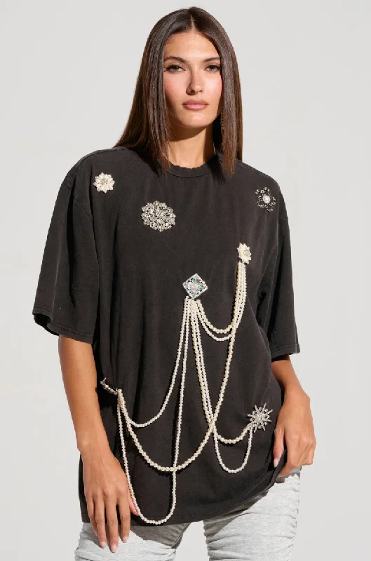 DRIPPING IN JEWELS EMBELLISHED T SHIRT IN HEATHER GREY