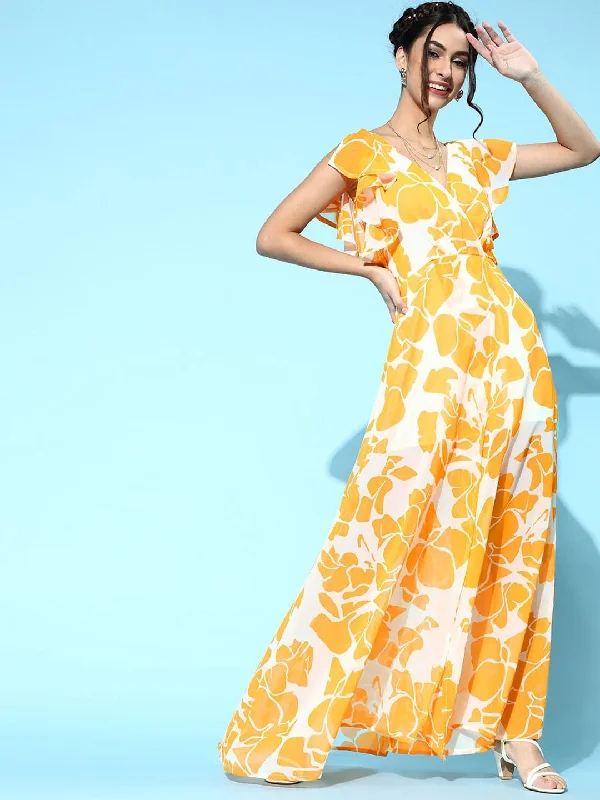 Mustard Floral Frill Sleeve Maxi