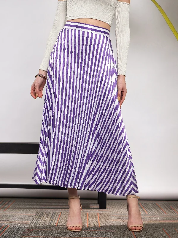 Women Purple & White Satin Striped Accordion Pleated Maxi Skirt