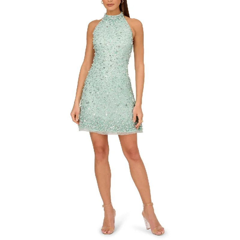 Adrianna Papell Womens Beaded Halter Cocktail And Party Dress