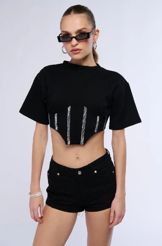 SUGAR EMBELLISHED RHINESTONE CORSET DETAIL T SHIRT