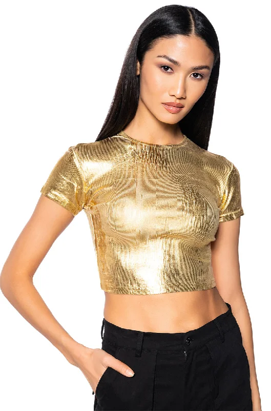 ARIES METALLIC RIB SHORT SLEEVE T SHIRT IN GOLD