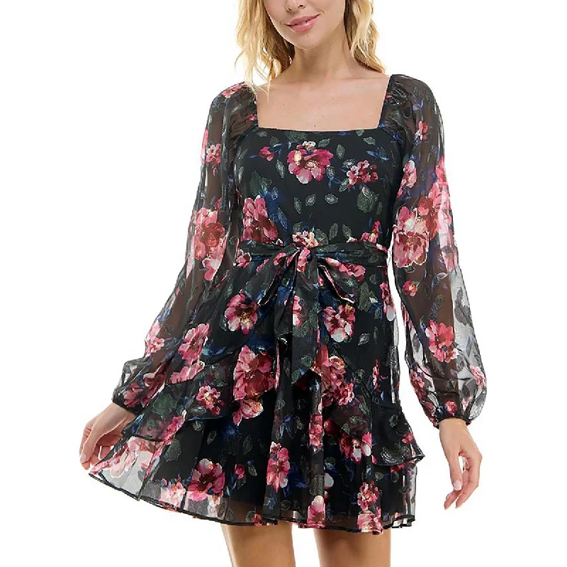 Trixxi Womens Juniors Floral Square Neck Cocktail And Party Dress