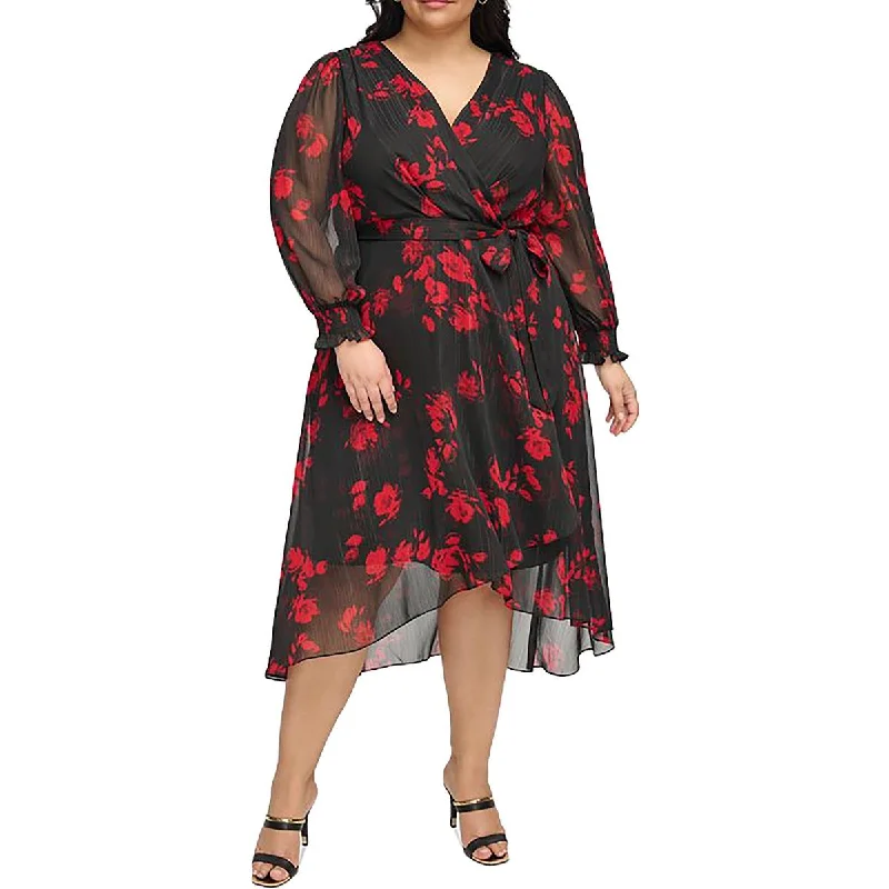 DKNY Womens Plus Floral Faux Wrap Cocktail And Party Dress