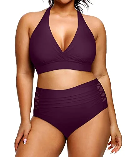 Plus Size Women's Two Piece Halter Bikini Tummy Control Bathing Suit-Maroon