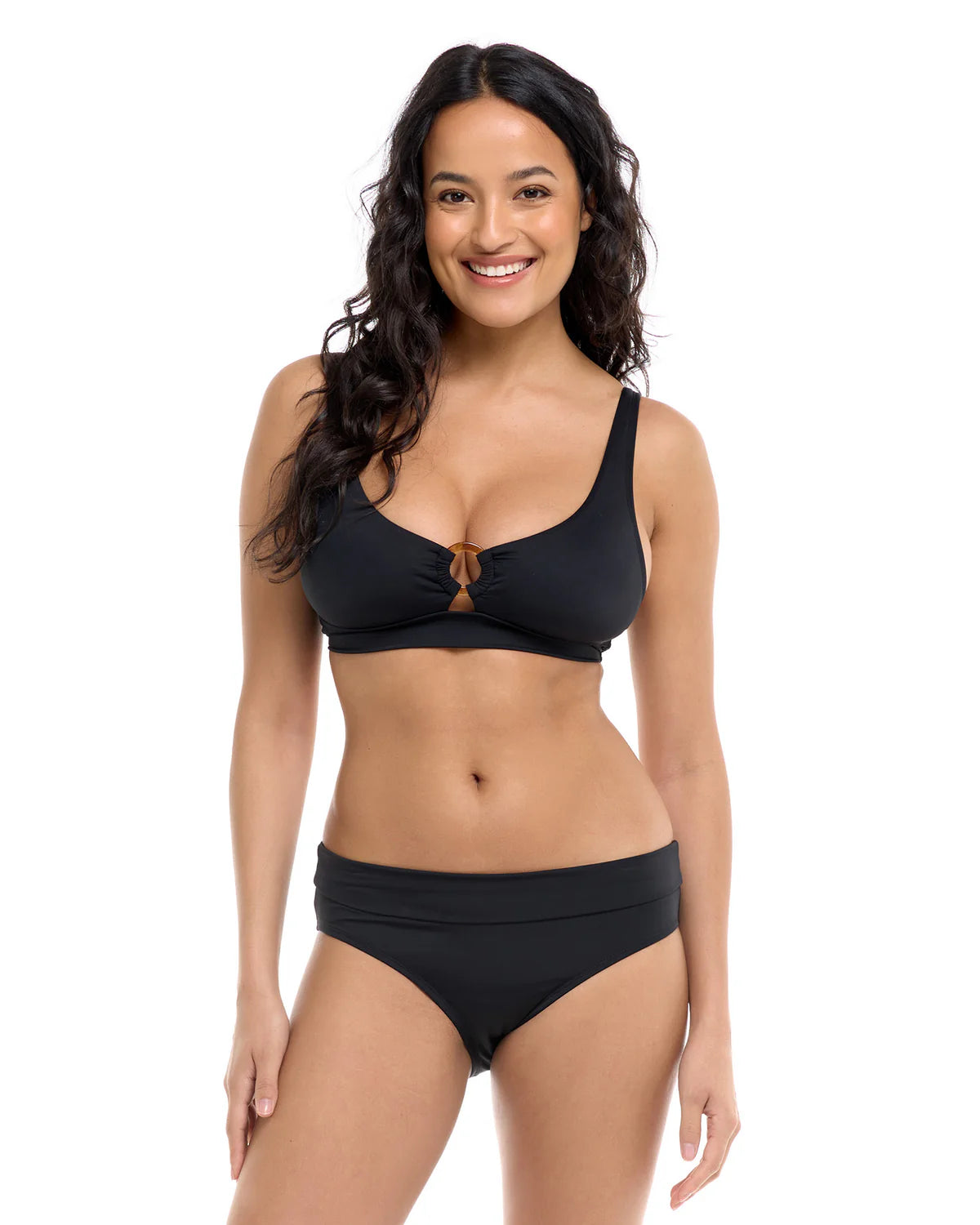 Solid Mid Waist Fold Over Bikini Bottom In Black - Skye