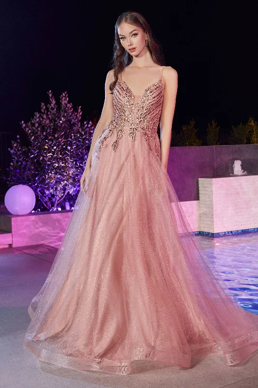 Layered Tulle A-Line Deep V-neck Glittery Embroidered Bodice Long Prom & Bridesmaid Dress CDCD874