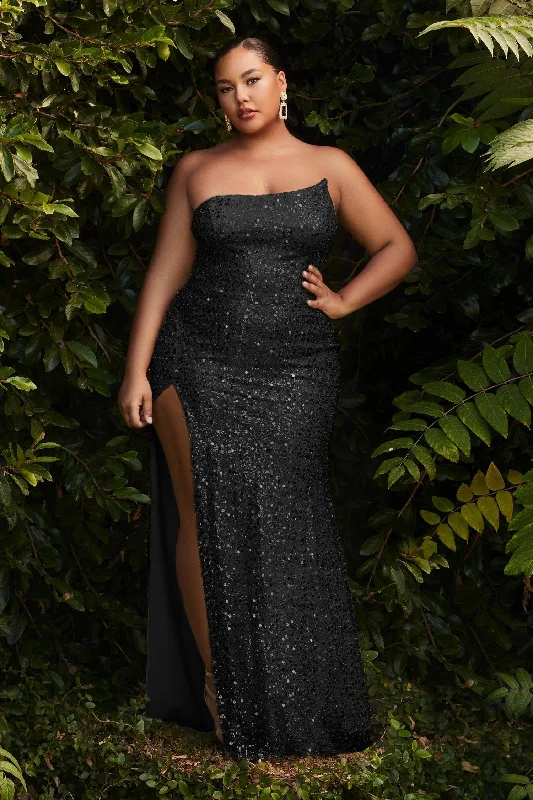 Fitted Assymetrical Glittery Embellished Sequins Plus Size Leg Slit Long Prom & Bridesmaid Dress CDCH165C