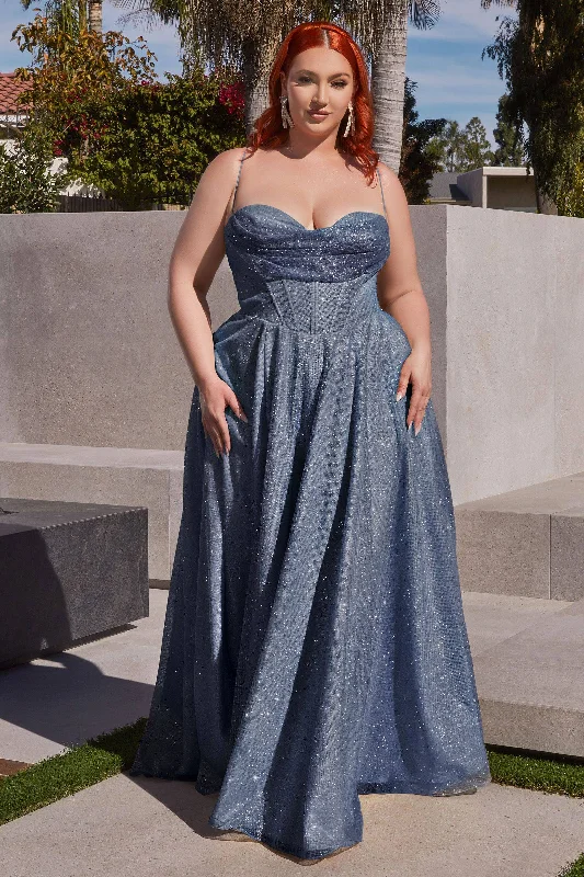 Glitter Shimmering Spaghetti Strap Cowl Neck Plus Size Long Bridesmaid Dress CDCD252C