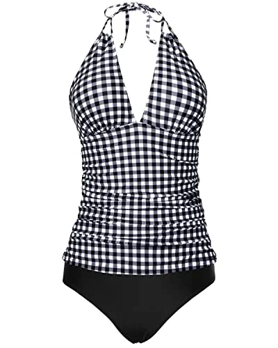 Two Piece Halter Tankini Swimsuits V Neck Tops Bikini Bottom-Black And White Checkered