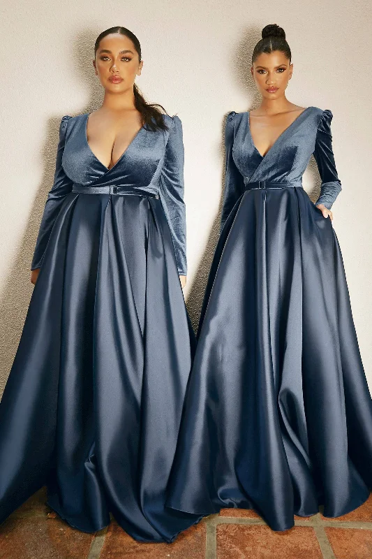 Curve Long sleeves V-neck Fitted Bodice A-line Plus Size Long Bridesmaid Dress CDCD226C