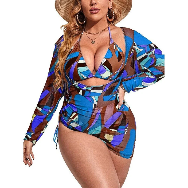 3pack Plus Print Bikini Swimsuit & Cover Up Blue