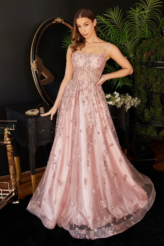 Glitter Print Applique Sequined A-Line Straigt Across Open Back Long Prom & Bridesmaid Dress CDJ840