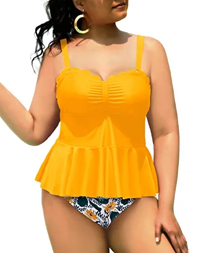 Peplum Tankini Top High Waisted Swim Bottom Plus Size Tankini Swimsuits-Yellow Floral