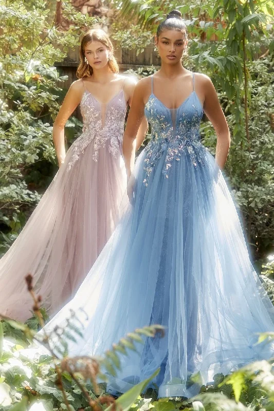 Iridescent Sequin Applique Pleated a-line Embellished V-neck Long Prom & Bridesmaid Dress CDA1143