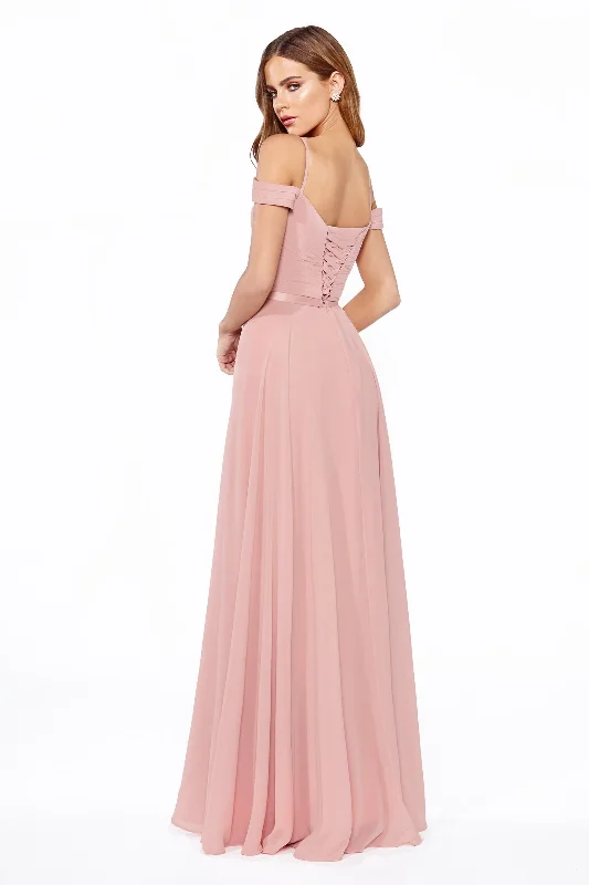 Off Shoulder A-Line Chiffon Corset Back Long Bridesmaid Dress CDCD0156