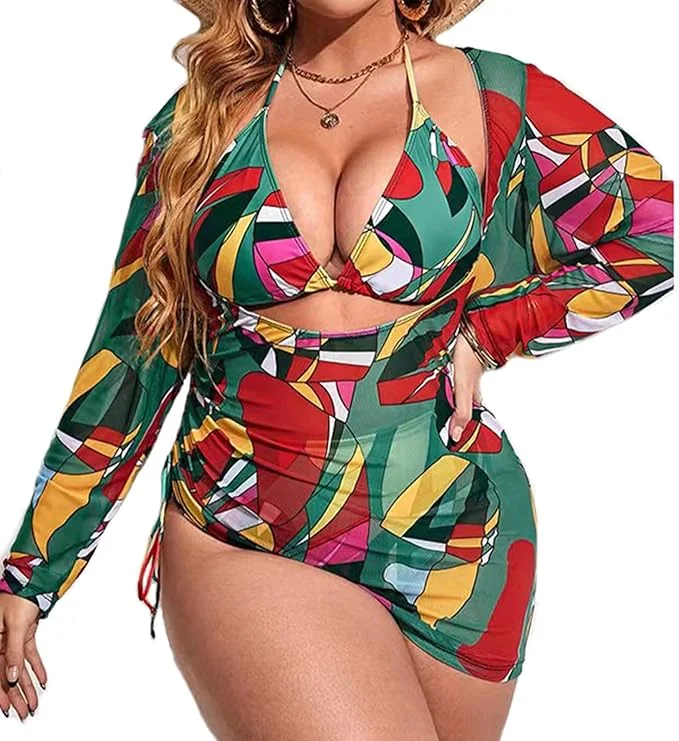 3pack Plus Print Bikini Swimsuit & Cover Up Multicolor