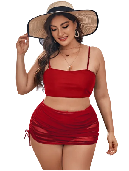 3 Piece Red Plus High Waisted Bikini Swimsuit & Drawstring Cover Up