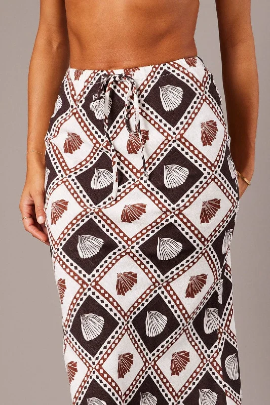 Brown Abstract Slip Skirt Maxi Linen Blend