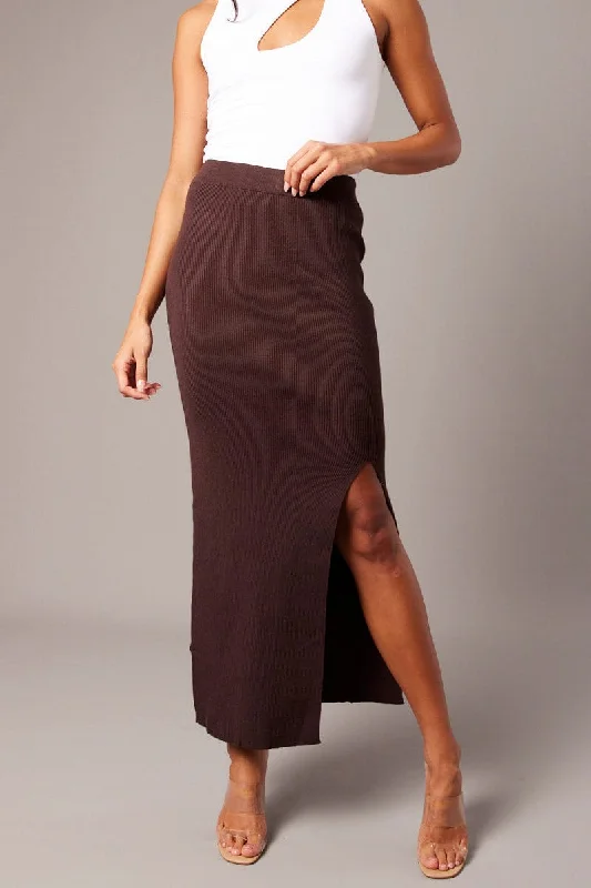 Brown Knit Skirt Front Split High Rise