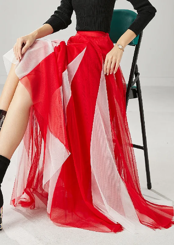 Elegant Red Wrinkled Patchwork Tulle Skirts Spring