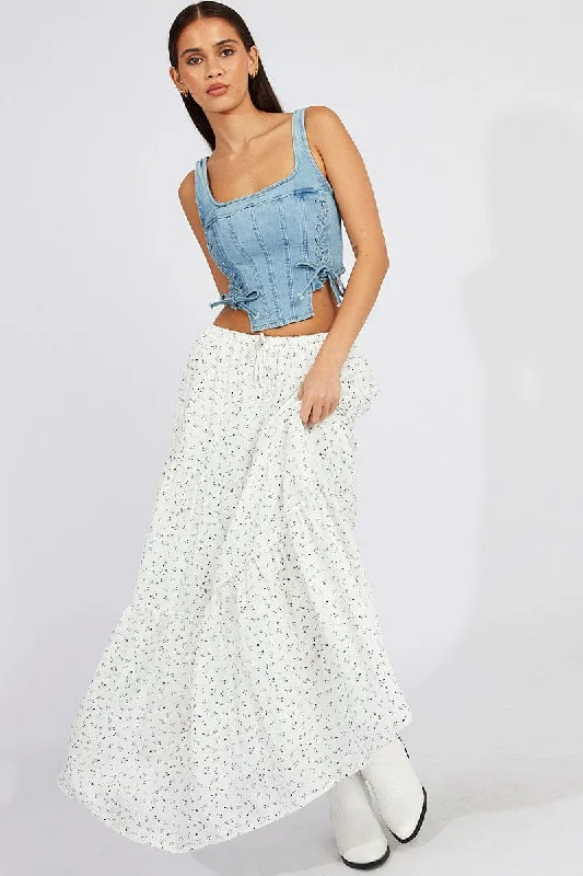 White Ditsy Maxi Skirt Elasticated Waist