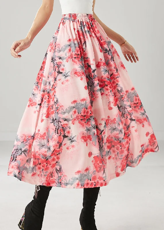 Women Pink Plum Blossom Print Cotton A Line Skirts Spring