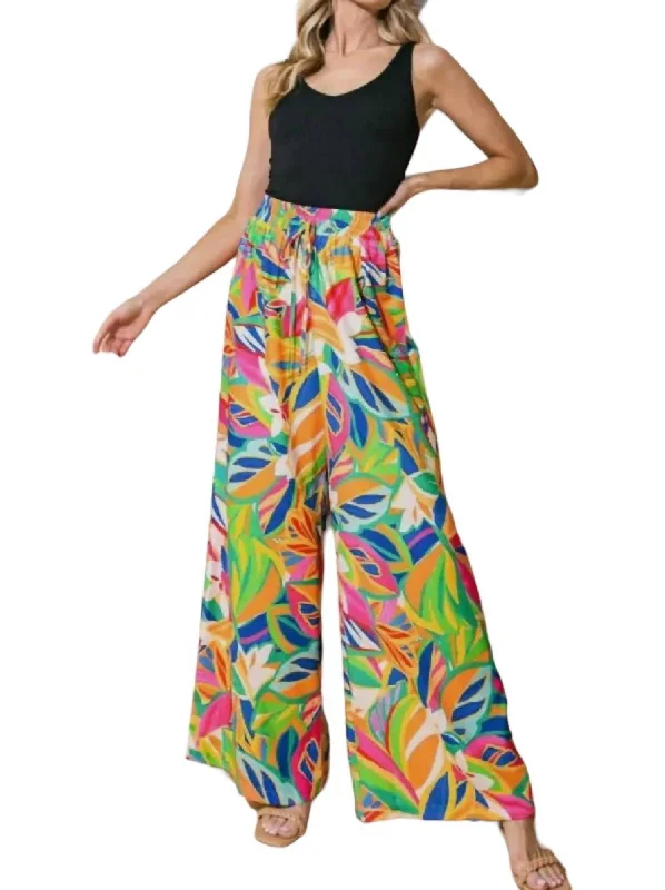 Tropical Patterned Flowy Pants In Tangerine Abstract