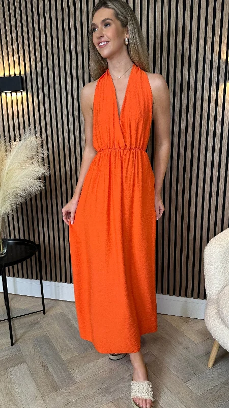 Florie Orange Halterneck Tie Detail Midi Dress