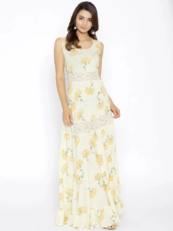 Floral printed maxi dress with lace inserts with Yellow print