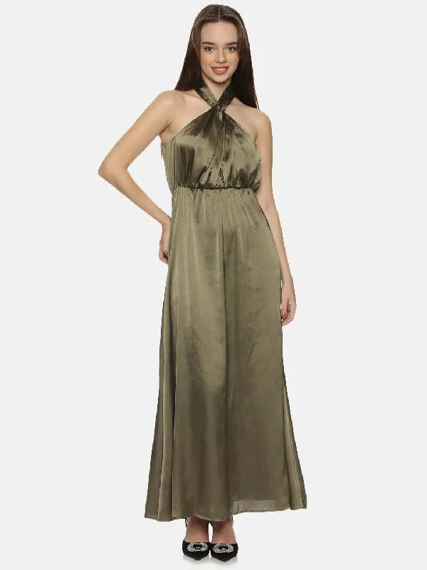 Solid Olive Halter Maxi Dress-17299