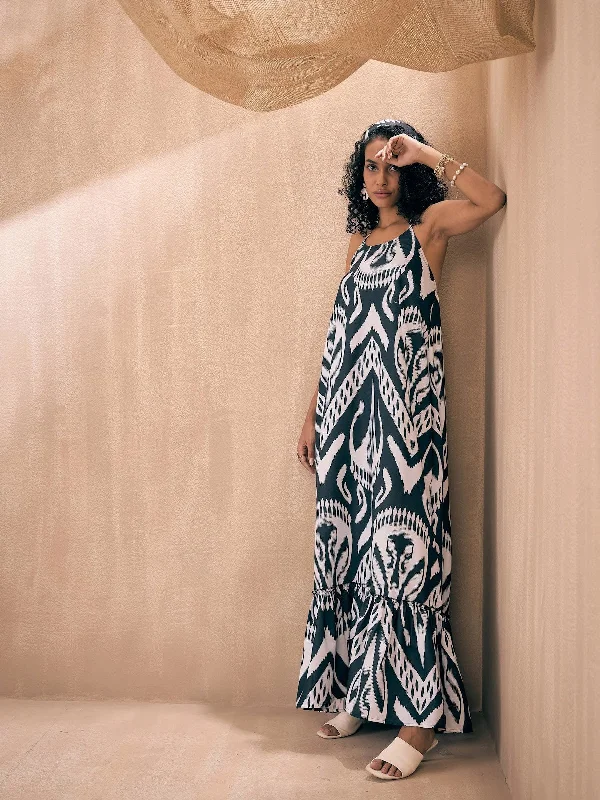 Women Black & White Ikat Halter Neck Loose Tiered Maxi