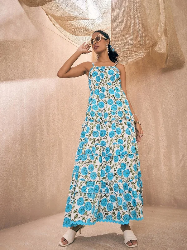 Women Blue Floral Front Slit Strappy Maxi