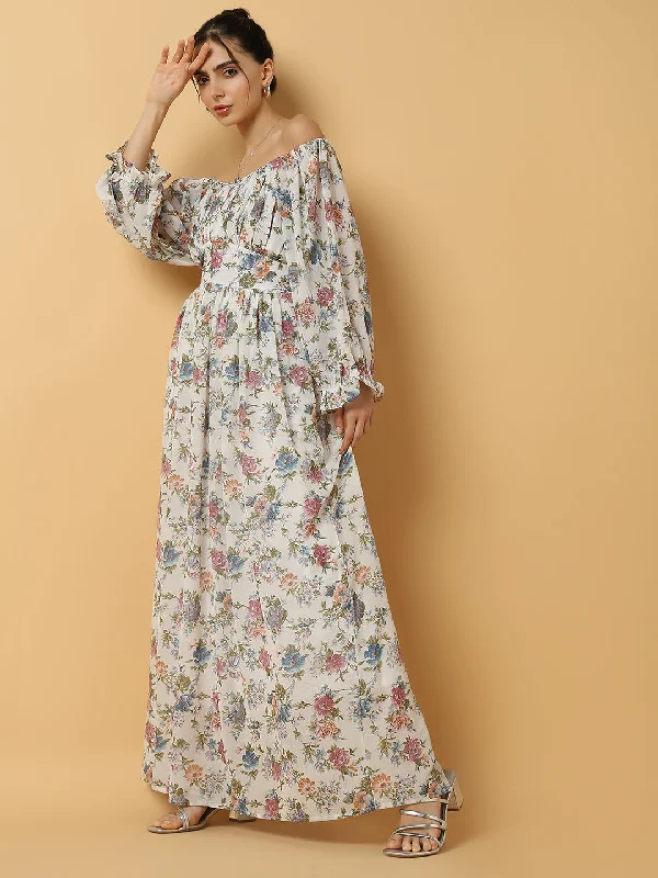 Women Floral White Maxi Fit and Flare Dress-8I-7121-White