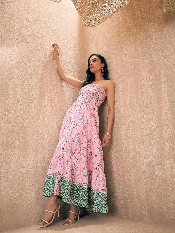 Women Pink Floral Tube Maxi