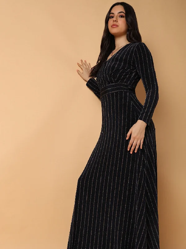 Women Striped Navy Blue Maxi Empire Dress-SP-6173-Navyblue