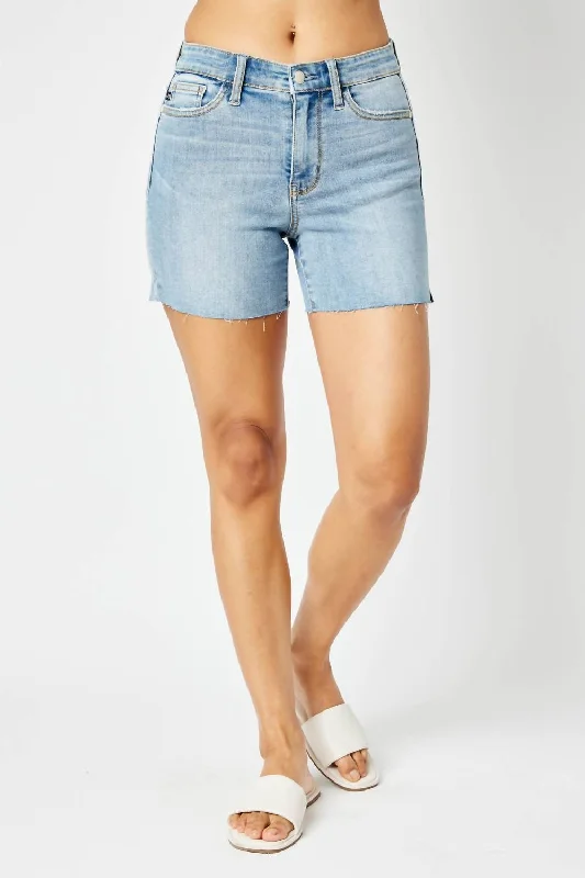 Mid Rise Cuff Off Shorts In Blue