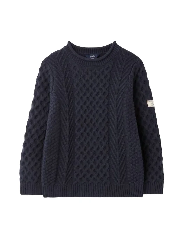 Women's Aran Knit Sweater In French Navy